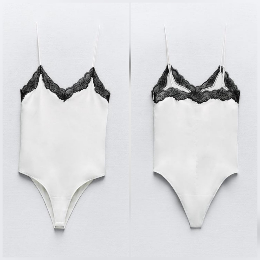 NEW ZARA Satin Effects White Lace Bodysuit size Medium
